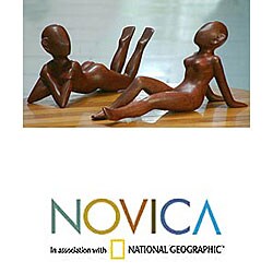 Set of 2 Wood 'Sunbathers' Statuettes (Indonesia)