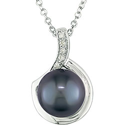 Sterling Silver Black Pearl and Diamond Necklace (9-10 mm)
