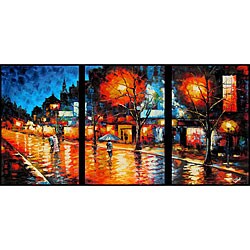 Hand-painted 'Raining Night' 3-piece Oil Painting Set