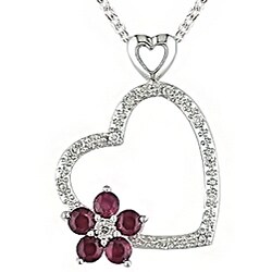 Sterling Silver 1/10ct TDW Diamond/ Created Ruby Heart Necklace