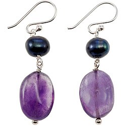Silver Handmade Amethyst and Blue Pearl Dangle Earrings (8 mm)
