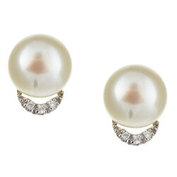 14k Gold Button FW Pearl and 1/10ct TDW Diamond Earrings