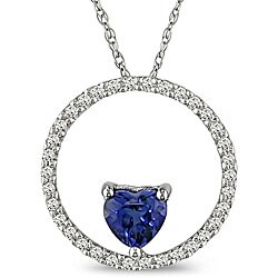10k Gold 1/6ct TDW Diamond and Created Blue Sapphire Heart Necklace