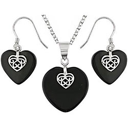 Sterling Silver Heart-shape Onyx Earrings and Pendant Set