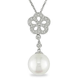 14k White Gold South Sea Pearl and 1/4ct TDW Diamond Necklace (11-12 mm)