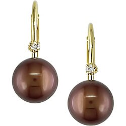 14k Gold Brown FW Pearl/ Diamond Accent Earrings (6.5-7 mm)