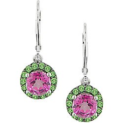 10k White Gold Pink Topaz and Tzavorite Earrings
