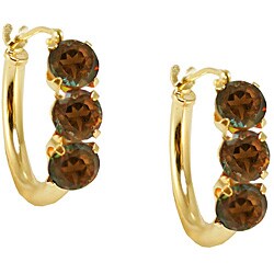 14k Gold Smokey Quartz Three-stone Hoop Earrings