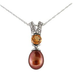 14k White Gold Brown FW Pearl and Citrine Necklace (7-7.5 mm)