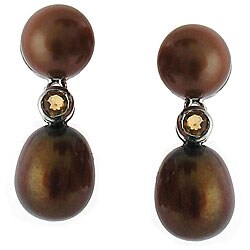 14k White Gold Brown FW Pearl and Citrine Earrings (6-8 mm)