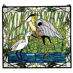 Blue Heron and Snowy Egret Stained Glass Window 