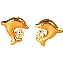 14k Gold Cubic Zirconia Children's Dolphin Earrings  