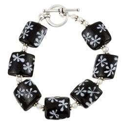 Sterling Silver Charming Life Black and White Art Glass Bracelet