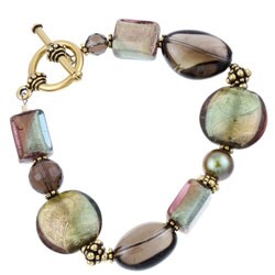 Goldtone Charming Life Green Art Glass and Smokey Quartz Bracelet