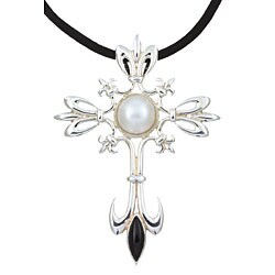Sterling Silver Mabe Pearl and Onyx Cross Necklace (11 mm)