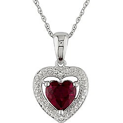 10k White Gold Created Ruby and Diamond Heart Necklace
