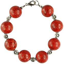 Red Coral and Silver Flower Bead Bracelet (Thailand)