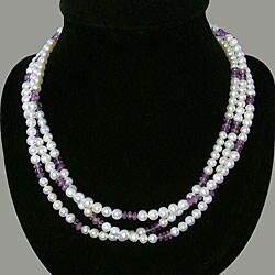 Silver, White Pearl and Amethyst Bead Necklace (Thailand)