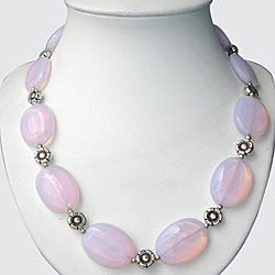 Handmade Oval Opal and Silver Flower Bead Necklace (Thailand)
