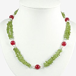 White Pearl, Green Peridot and Indian Red Ruby Quartz Necklace (Thailand)