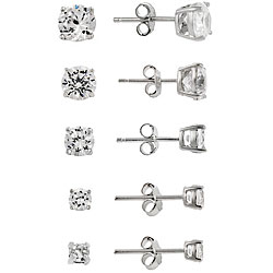 Sterling Silver CZ Stud Earrings (Set of 5)