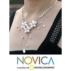 Pearl and Glass 'White Pearl Bouquet' Necklace (Thailand)