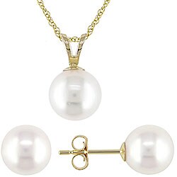 10k Yellow Gold Cultured Pearl Earring and Pendant Set (7-7.5 mm)