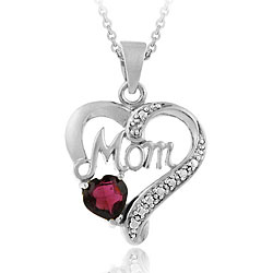 Silver Heart-shape Garnet/ Diamond 'Mom' Necklace