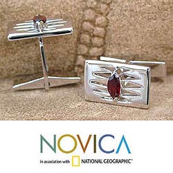 Sterling Silver Garnet 'Flame' Cuff Links (India)
