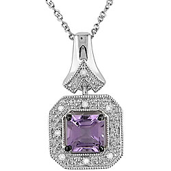 10k White Gold Square Amethyst and Diamond Necklace