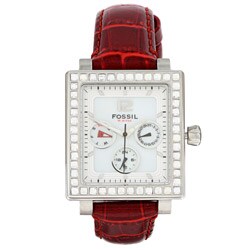 Fossil Men's Clear Crystal Red Strap Watch