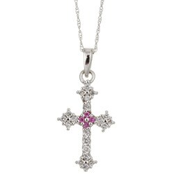 14k Gold Created Sapphire/ 1/5ct TDW Diamond Cross Necklace