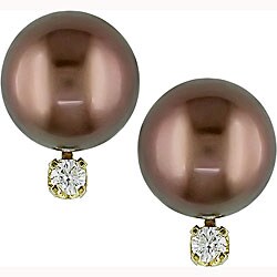 14k Gold Brown Tahitian Pearl and 1/10ct TDW Earrings (8-9 mm)