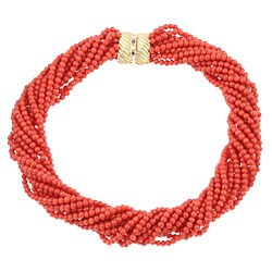 14k Yellow Gold Multi-strand Coral Bead Estate Choker Necklace