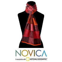 'Red Orange Patchwork' Alpaca Wool Scarf (Peru)