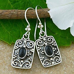 Silver Square Black Onyx Earrings (Indonesia)