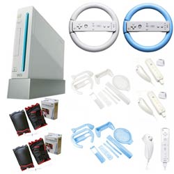 Nintendo Wii Friends Bundle- 2 Steering Wheels, 2 Remotes, 2 Boxing Gloves and More