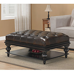 Tufted Leather Rustic Ottoman with Shelf