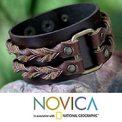 Leather 'Twin Braids' Men's Wristband Bracelet (Thailand)
