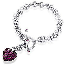 Sterling Silver Created Ruby Heart Charms Bracelet