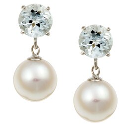 14k Gold Freshwater Pearl and Aquamarine Earrings (7.5-8 mm)
