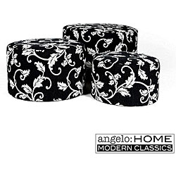 angelo:HOME Nesting Round Ottomans Charcoal Black and White Vine (Set of 3).
