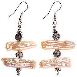 Silver and White Biwa Pearl Flower Dangle Earrings (Thailand)