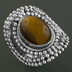 Sterling Silver Beaded Tiger's Eye Disc Ring (India)