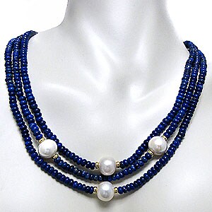 14k Yellow Gold Blue Lapis and FW Pearl Necklace (11-12mm)