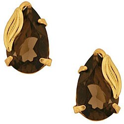 14k Yellow Gold Smokey Quartz Leaf-accent Studs