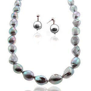 Sterling  Freshwater Baroque Pearl Necklace/ Earrings Set (10-11 mm)