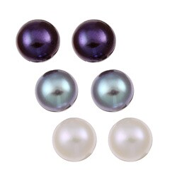 DaVonna Sterling Silver Multi-colored FW Pearl Stud Earrings (8-9mm) (Set of 3)