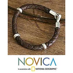 Silver 'Bold Brown' Braided Leather Bracelet (Peru)