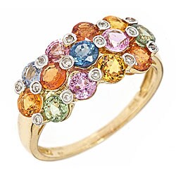 14k Yellow Gold Multi-colored Sapphire and Diamond Ring